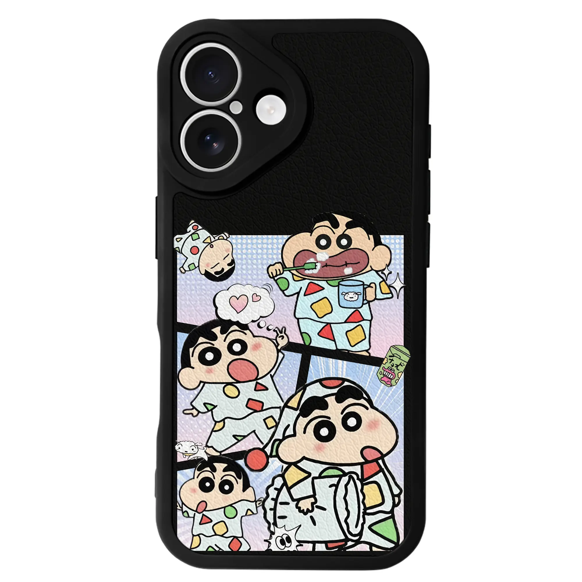 クレヨンしんちゃん グッズ 野原 しんのすけ - IPhone 16シリーズ対応 ・ シリコンスマホケース ・ レザー調 ・ 高精度フィット ・ 耐衝撃 ・ ワイヤレス充電対応 ・ 精密カット